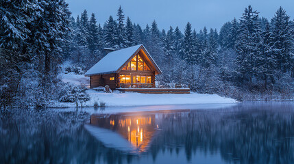 A solitary, warmly lit cabin stands by a perfectly still lake, surrounded by snow-covered trees and blanketed in the tranquility of a winter dusk.