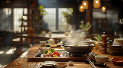 Steaming Hot Pot with Fresh Ingredients Asian Cuisine