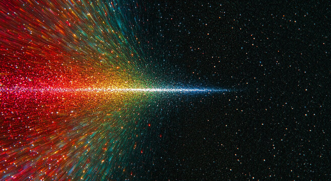 A starburst or light explosion in space, with glittering points of light scattered across a dark, starry backdrop. The colors and light converge towards a central point, stardust in motion