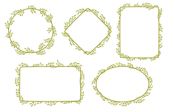 Olive leaf frames, vector set of delicate, elegant borders for invitation, photo frame or menu. Round, oval, rhombus and rectangular decorative elements with a touch of nature in Mediterranean style