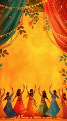 banner background of Navratri Day, a vibrant portrayal of a traditional dance group practicing their moves against a backdrop of colorful drapes and decorations, 