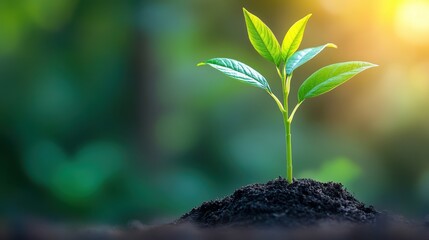 New Life  Green Sprout Emerging From Soil  Sunlight Background