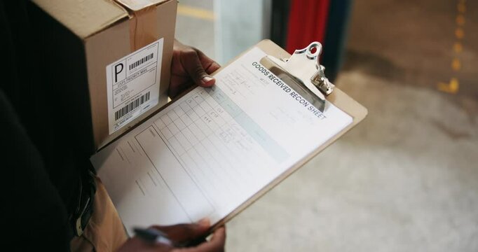Checklist, box and delivery man with clipboard by car, inspection and distribution of orders. Hands, black person and supply chain with document, logistics and shipping service for courier company