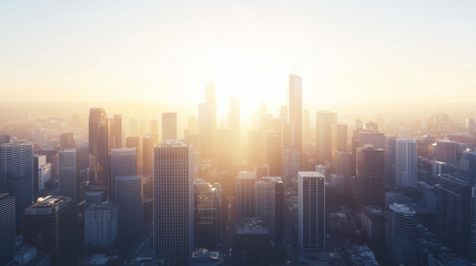 Fototapeta premium Aerial view of a modern capital city skyline with skyscrapers illuminated by the setting sun, casting long shadows over the cityscape, representing the global influence of internat