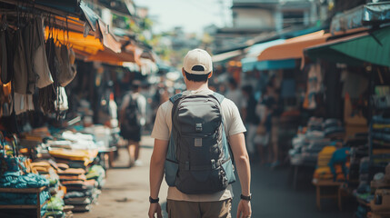 lone backpacker exploring a vibrant local market, engaging with friendly vendors and immersing in the culture, surrounded by colorful stalls and bustling activity, showcasing the j