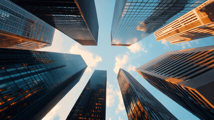 striking shot from the ground looking up at a cluster of high-rise buildings, tightly packed together, showcasing the modern city skyline and the interplay of light and shadows cre