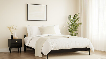 Fototapeta premium elegant bedroom with a white bed frame, black bedside tables, and wooden flooring, enhanced by soft lighting and neutral textiles for a cozy, modern atmosphere photo