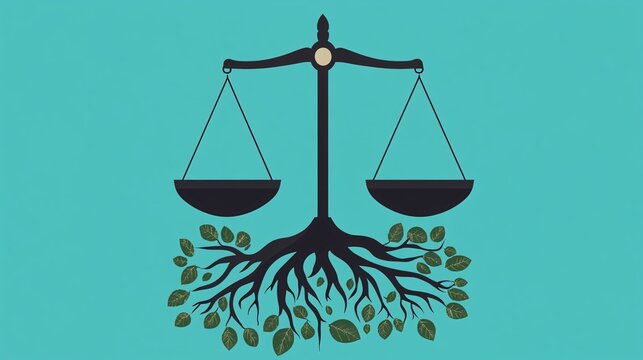 Balancing Morality and Justice - Scales of Justice with Roots Flat Design Illustration
