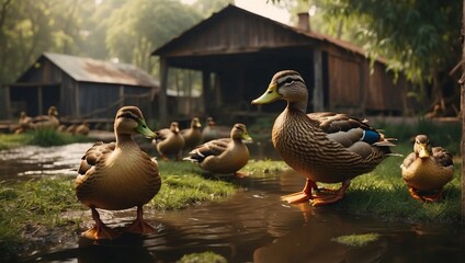 Fototapeta premium Duck Farm Scene. Lively gathering of ducks near pond, framed by rustic barns and lush greenery. Perfect simplicity of countryside living, poultry farming, and harmonious between nature and agriculture