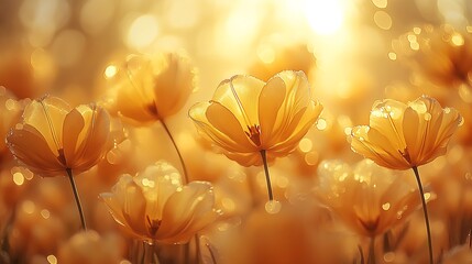 Golden hour sunlight through field of yellow flowers