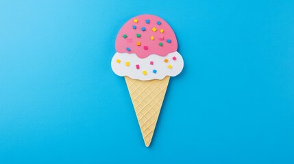 Ice cream cone with sprinkles paper cut on blue background perfect for summer-themed children’s illustrations or food blogs
