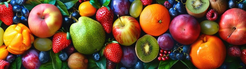 A colorful assortment of fresh fruits, including apples, oranges, kiwi, and plums.