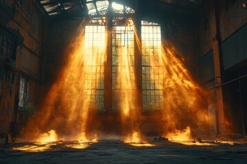 Naklejka premium Sunbeams Illuminating a Dusty Abandoned Factory