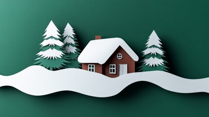 Winter cabin in snow paper cut ideal for winter-themed children’s book illustrations or holiday card designs