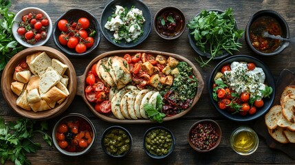 Mediterranean Appetizer Platter with Bread, Tomatoes, and Pesto