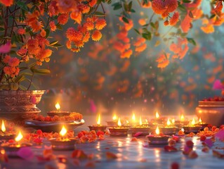 banner background of Navratri Day  [A serene temple setting with a beautifully lit backdrop of candles, flowers, and sacred offerings, symbolizing the spiritual significance of Navratri] 