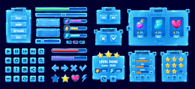 Ice crystal game interface and buttons, game ui asset. Cartoon vector gui elements, including progress bars, menus and action icons play, shop, options, and levels in cool, frosty design for videogame