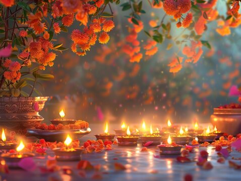 banner background of Navratri Day  [A serene temple setting with a beautifully lit backdrop of candles, flowers, and sacred offerings, symbolizing the spiritual significance of Navratri] 