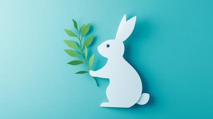 White rabbit with leaf paper cut on blue background perfect for spring-themed children’s book illustrations or nature learning visuals