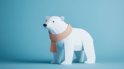 Fototapeta premium Polar bear with scarf paper cut on blue background ideal for winter-themed children’s book illustrations or nature visuals