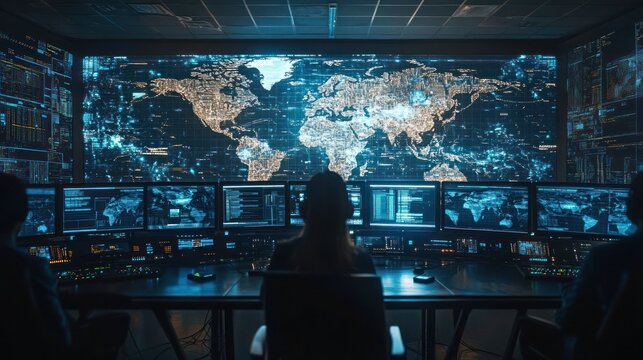 High-tech command centers monitor global operations on screens, Command center with multiple screens displaying ERP dashboards.