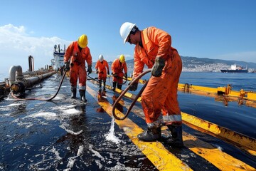 An oil spill containment operation in progress, with specialized equipment and workers mitigating the environmental impact, emphasizing the industry's response to ecological risks