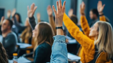 Hands Raised, Minds Engaged: A classroom filled with eager students, hands raised in a sea of vibrant color, signifies a thirst for knowledge and active participation.
