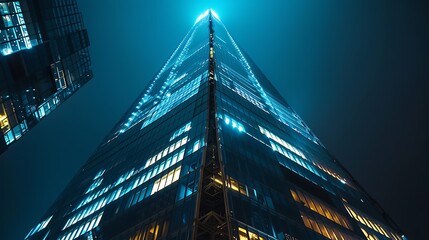 Low angle view of a tall skyscraper illuminated at night