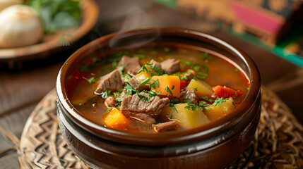 Steaming Beef Stew with Vegetables in a Rustic Bowl