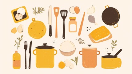  line drawing of cooking utensils and kitchenware featuring a chef