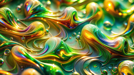 Lush abstract background with glossy green and gold swirls and bubbles for creative design
