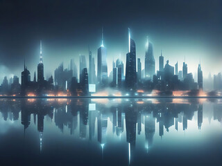 Fototapeta premium Future city skyline reflected on water surface