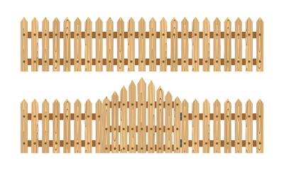 wooden fence with wood grain and gate. vector illustration isolated on white background.