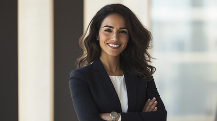 Close-up portrait of a mature Arabian businesswoman with a bright smile, wearing a tailored suit, her arms crossed in a relaxed yet professional manner, showcasing her self-assuran