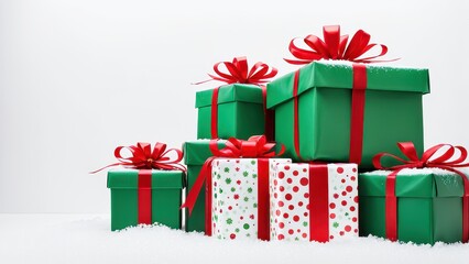 A collection of colorful gift boxes adorned with ribbons, set against a minimalist backdrop.