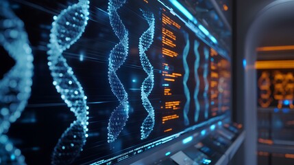 A digital display showcases illuminated DNA strands and genetic data, emphasizing modern biotechnology and molecular research.