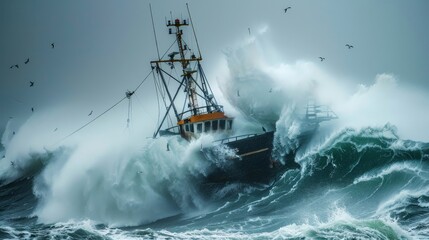 Waves engulfing a small fishing boat during a powerful sea storm