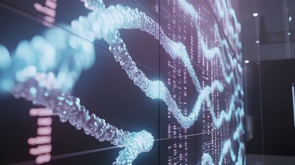 A digital display showcases vibrant, flowing patterns resembling DNA strands in a futuristic, high-tech environment.