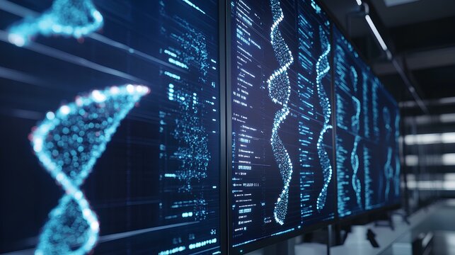 A high-tech display featuring DNA sequences, visualized through blue digital graphics on screens in a modern laboratory setting.