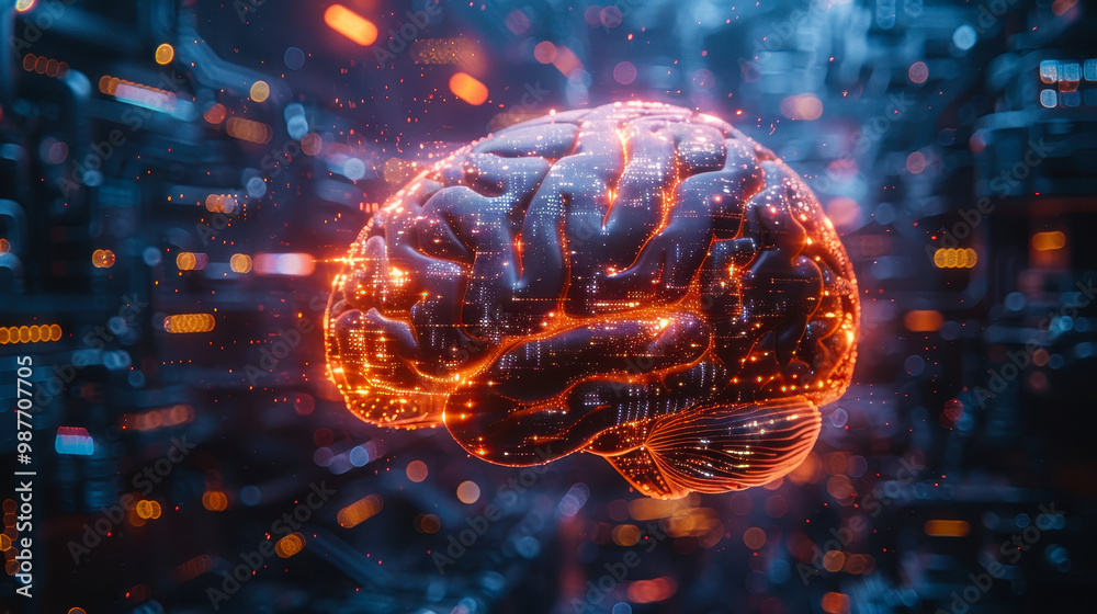 Poster futuristic brain visualization with digital data in cyber environment conceptualizing ai, automation