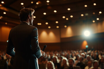 Man holding a microphone and addressing a large audience indoors