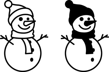 Snowman Icons. Black and White Vector Icons. Funny Snowman in a Hat and Scarf. Christmas and Holiday Concept