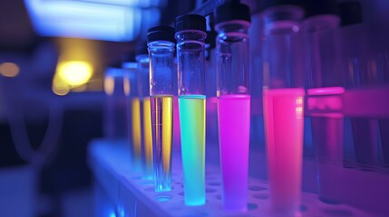 Colorful test tubes illuminated in vibrant hues, showcasing an array of glowing liquids in a laboratory setting.