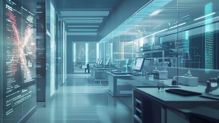 A futuristic laboratory featuring advanced technology, illuminated screens, and a sleek design, creating a high-tech research environment.