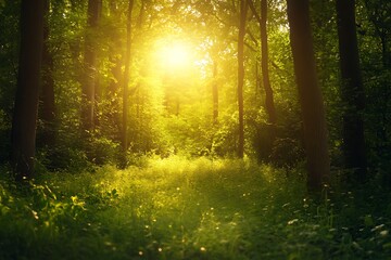 Obraz premium Sunlight streaming through trees in a green forest, creating a magical, ethereal atmosphere