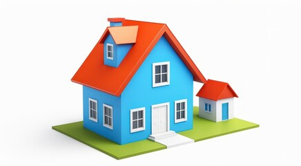 A colorful 3D model of a house with a smaller adjacent structure on a grassy base.