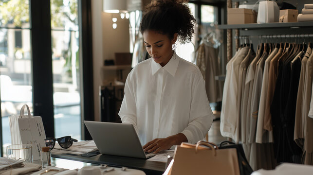 businesswoman and visual merchandising specialist collaborating in a chic clothing store, using a laptop to design a stylish collection, surrounded by elegant garments and accessor