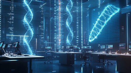 A futuristic laboratory with glowing DNA strands, high-tech monitors, and an advanced digital environment.
