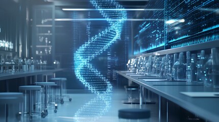 A modern laboratory featuring a digital DNA helix, surrounded by glassware and futuristic technology.