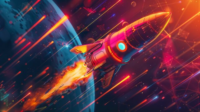 An abstract rocket launching alongside an AI chip, depicted in bright, vibrant colors such as red, orange, and yellow. 